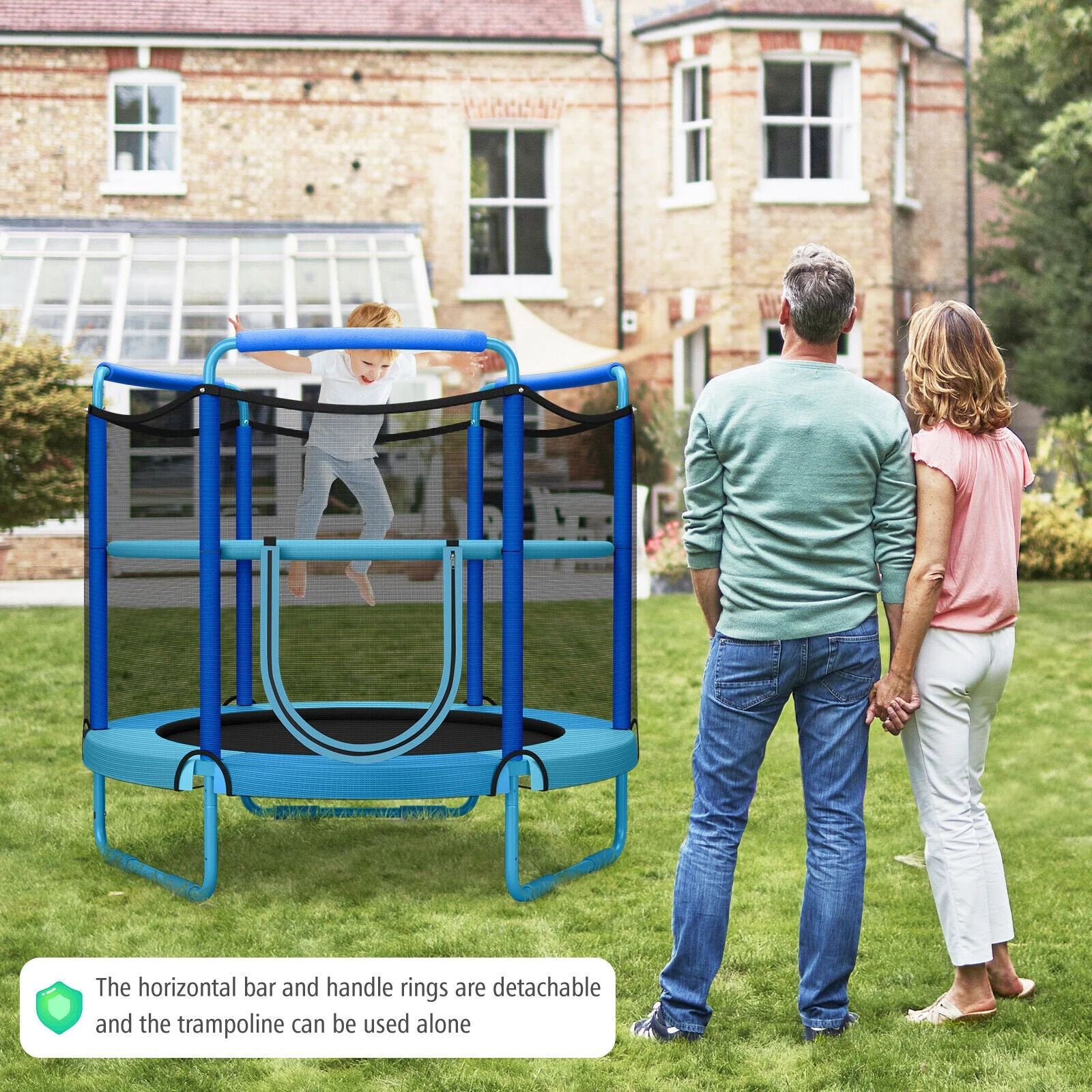 5 Feet Kids 3-in-1 Game Trampoline with Enclosure Net Spring Pad-Blue - Image 2