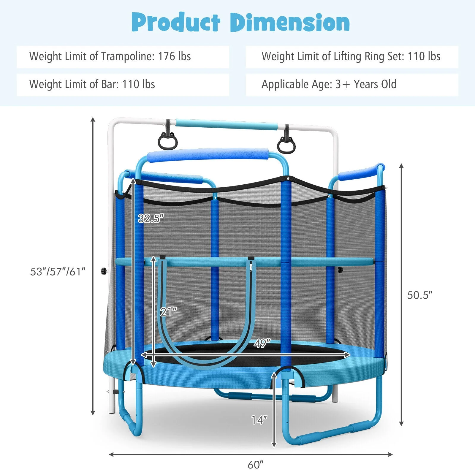 5 Feet Kids 3-in-1 Game Trampoline with Enclosure Net Spring Pad-Blue - Image 5