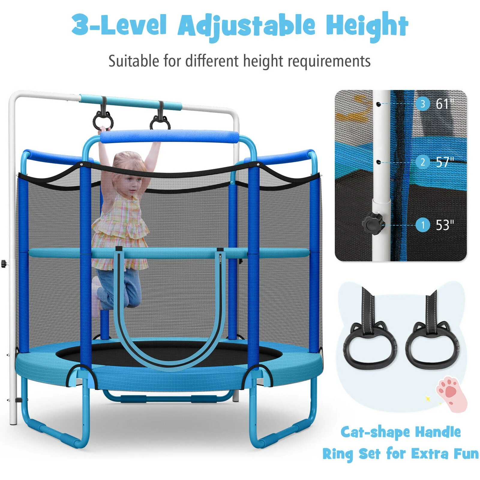 5 Feet Kids 3-in-1 Game Trampoline with Enclosure Net Spring Pad-Blue - Image 6