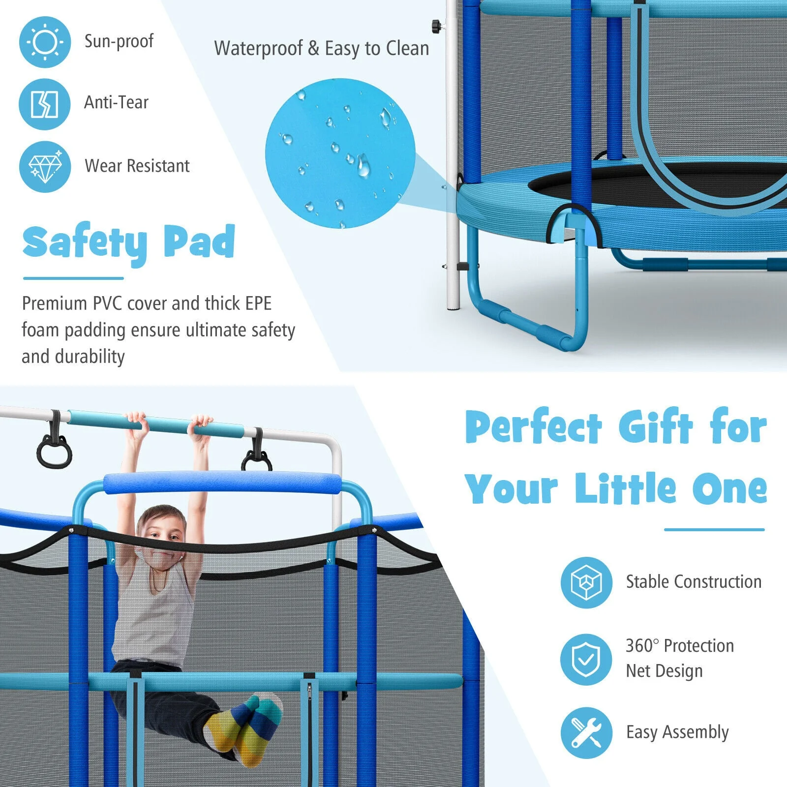5 Feet Kids 3-in-1 Game Trampoline with Enclosure Net Spring Pad-Blue - Image 7