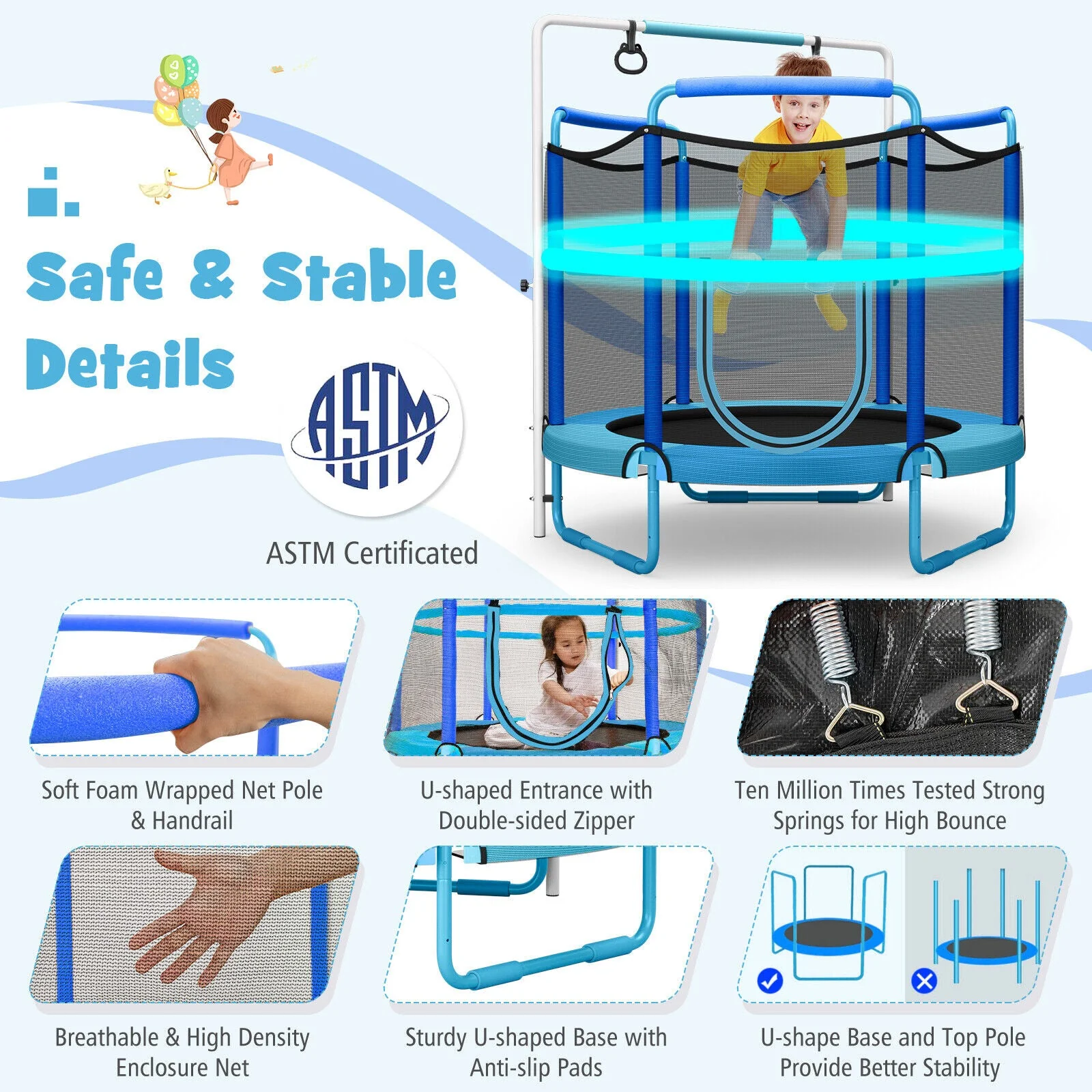 5 Feet Kids 3-in-1 Game Trampoline with Enclosure Net Spring Pad-Blue - Image 8