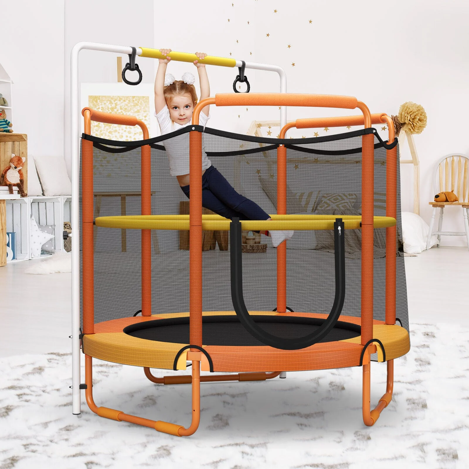 5 Feet Kids 3-in-1 Game Trampoline with Enclosure Net Spring Pad-Orange - Image 2