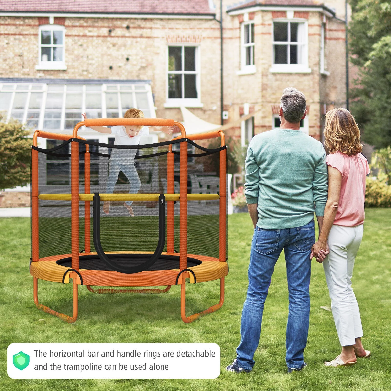 5 Feet Kids 3-in-1 Game Trampoline with Enclosure Net Spring Pad-Orange - Image 3