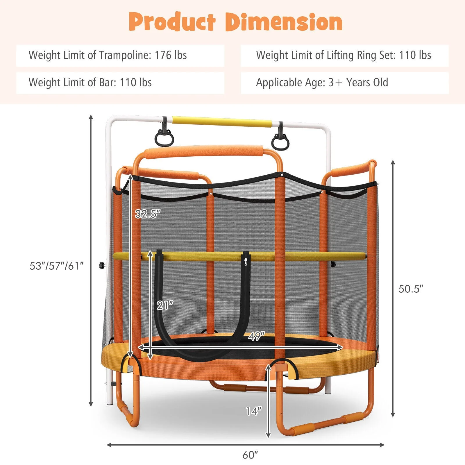 5 Feet Kids 3-in-1 Game Trampoline with Enclosure Net Spring Pad-Orange - Image 4