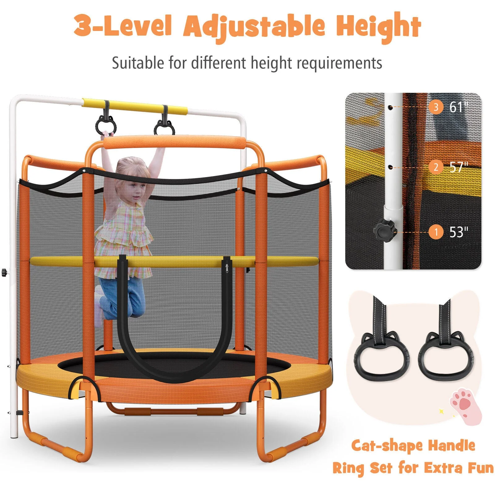 5 Feet Kids 3-in-1 Game Trampoline with Enclosure Net Spring Pad-Orange - Image 5