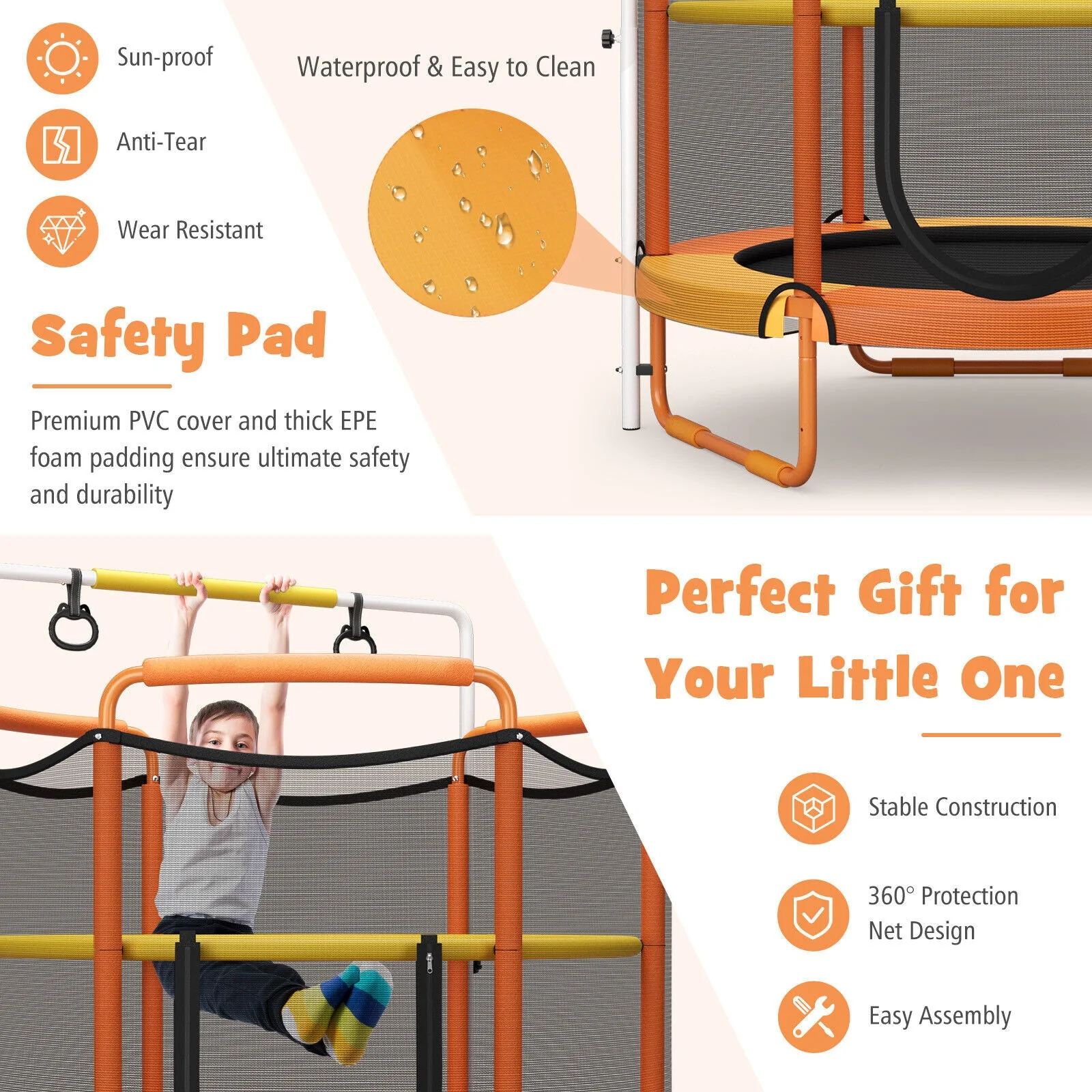 5 Feet Kids 3-in-1 Game Trampoline with Enclosure Net Spring Pad-Orange - Image 7