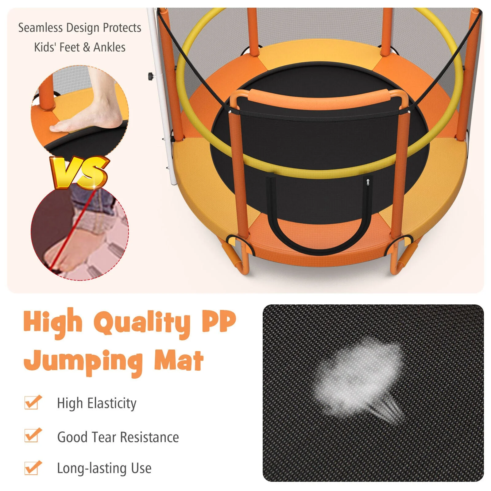 5 Feet Kids 3-in-1 Game Trampoline with Enclosure Net Spring Pad-Orange - Image 8
