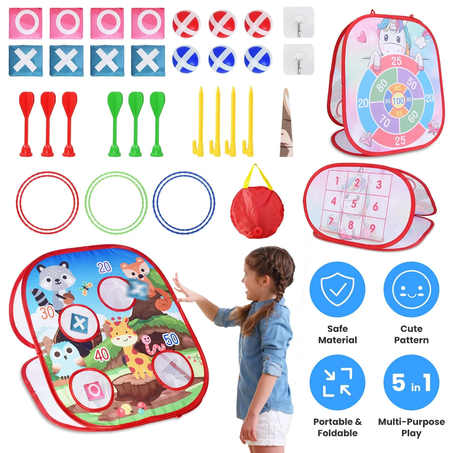 5 in 1 Bean Bag Toss Game Toy Corn Hole Game Beanbag Toss Game Dart Board Game Loop Toss Game Outdoor Activities Party Backyard Games Set for Boys Gir - Image 4