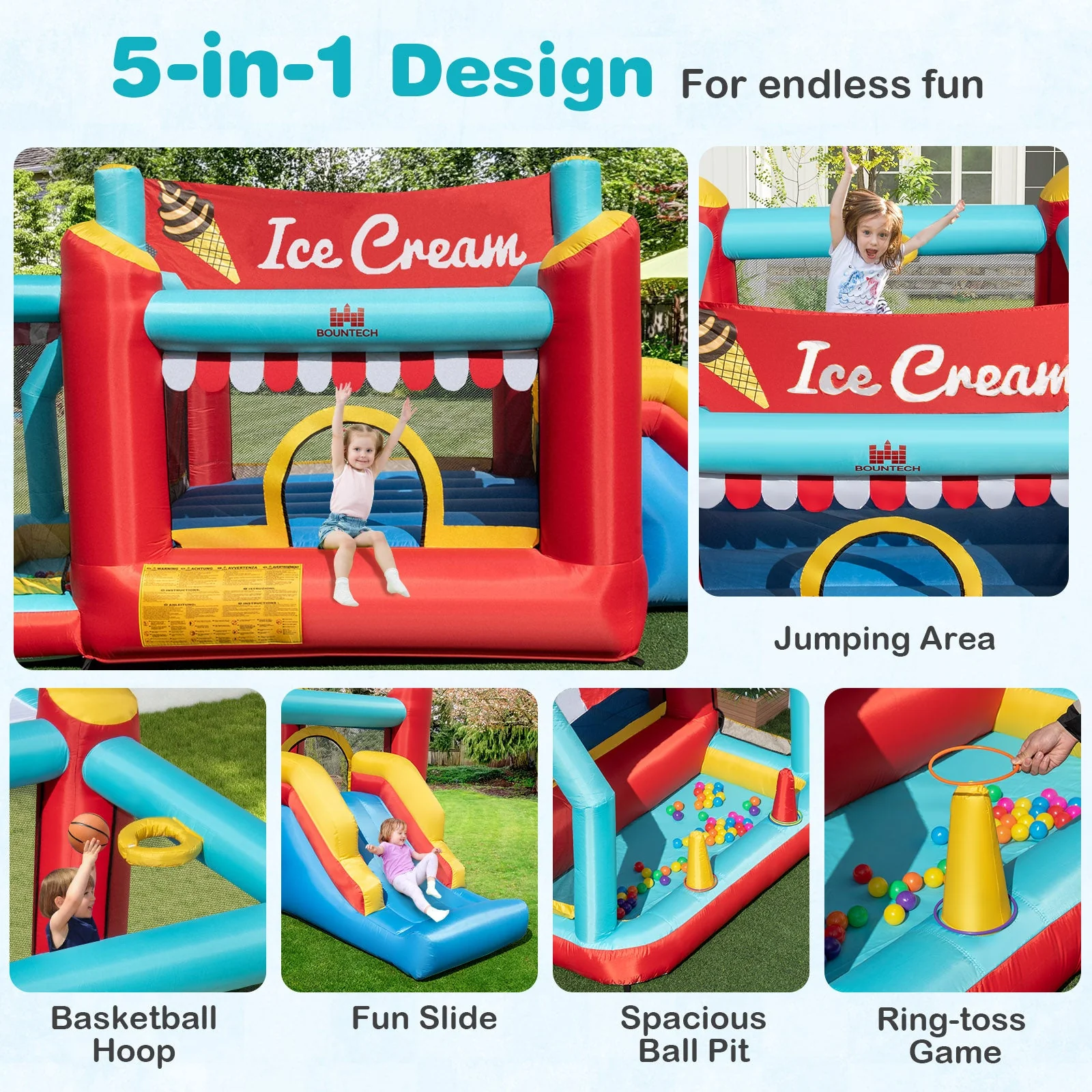 5-in-1 Ice Cream Inflatable Bounce House with Ball Pit and Slide with 520W Blower - Image 8