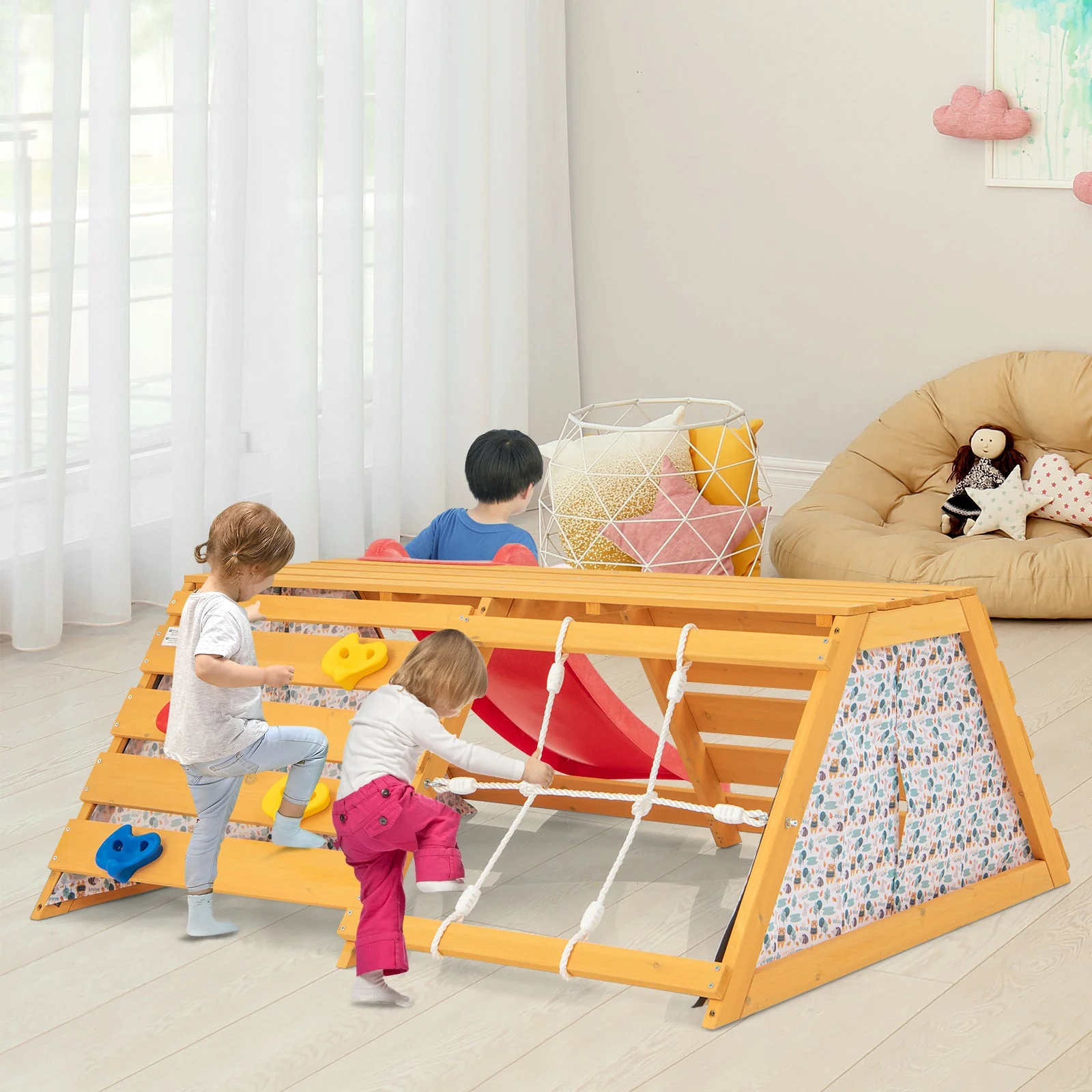 5-in-1 Jungle Gym Wooden Indoor Playground with Slide Rock Climbing Wall Rope Wall Climber - Image 2