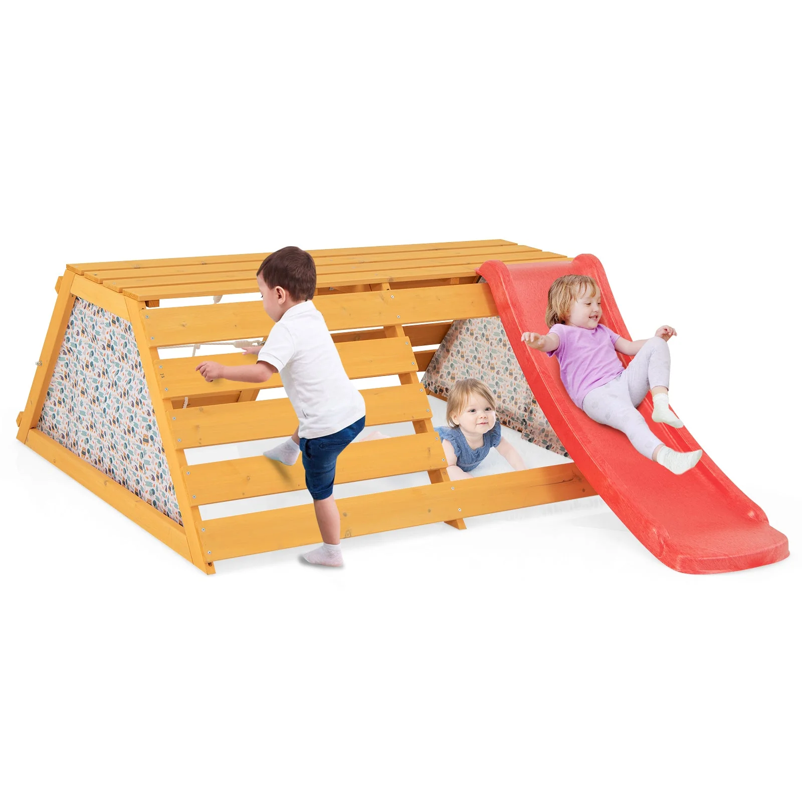 5-in-1 Jungle Gym Wooden Indoor Playground with Slide Rock Climbing Wall Rope Wall Climber - Image 3