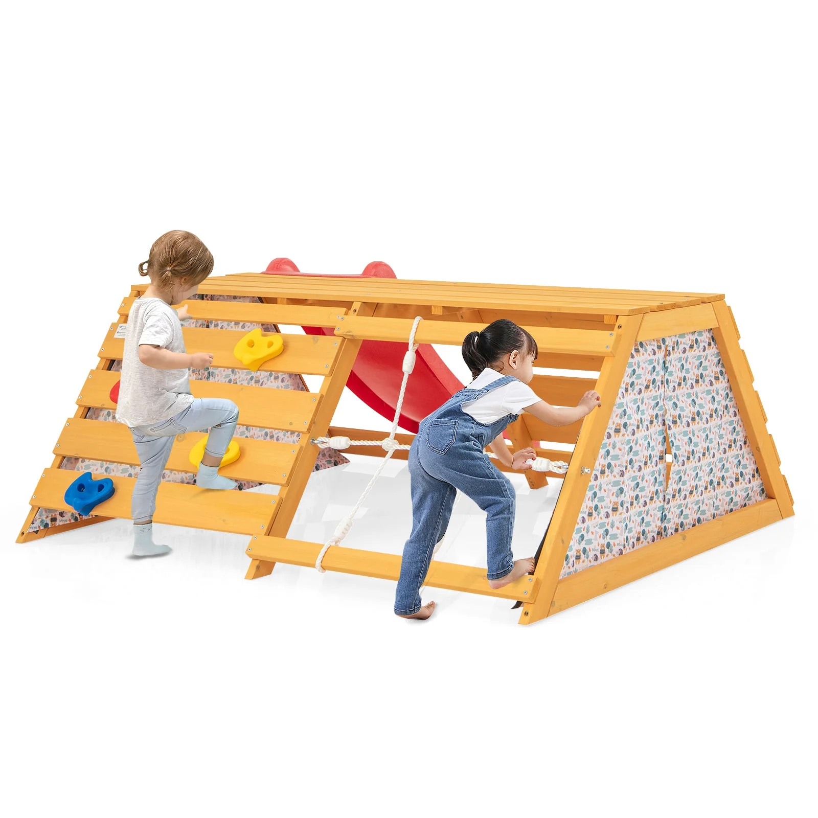 5-in-1 Jungle Gym Wooden Indoor Playground with Slide Rock Climbing Wall Rope Wall Climber - Image 4