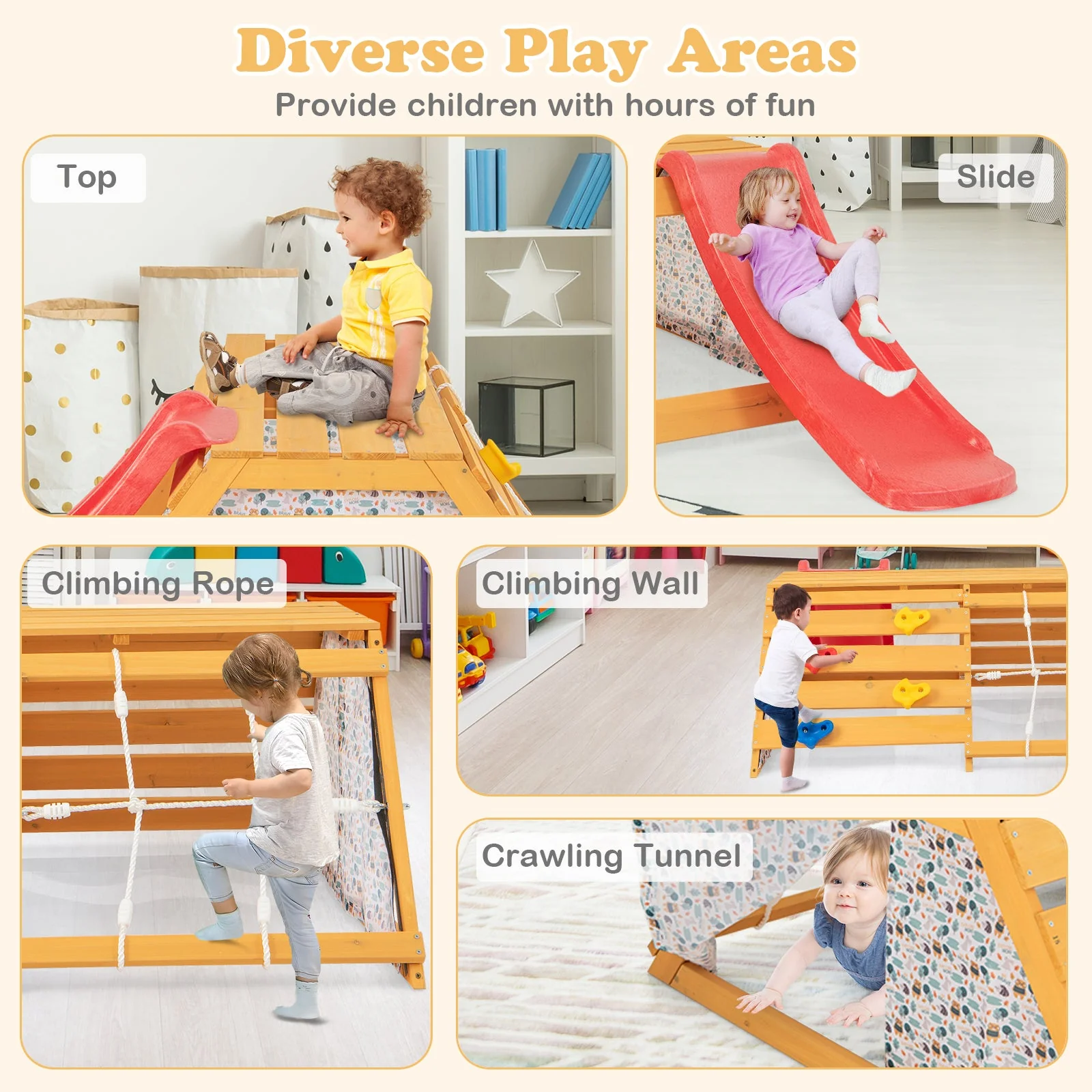 5-in-1 Jungle Gym Wooden Indoor Playground with Slide Rock Climbing Wall Rope Wall Climber - Image 6
