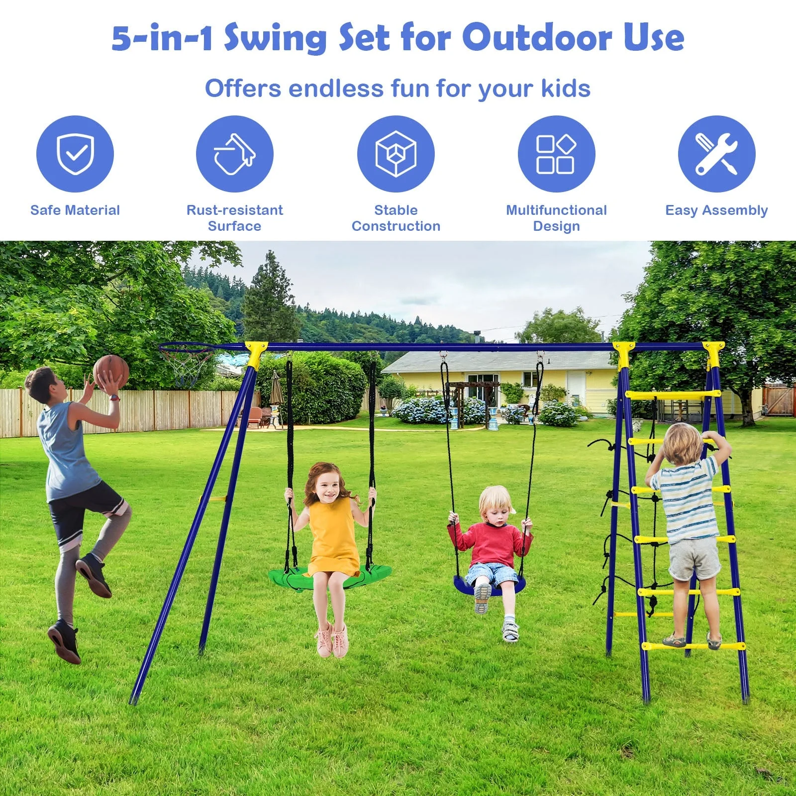 5-In-1 Outdoor Kids Swing Set with A-Shaped Metal Frame and Ground Stake - Image 2