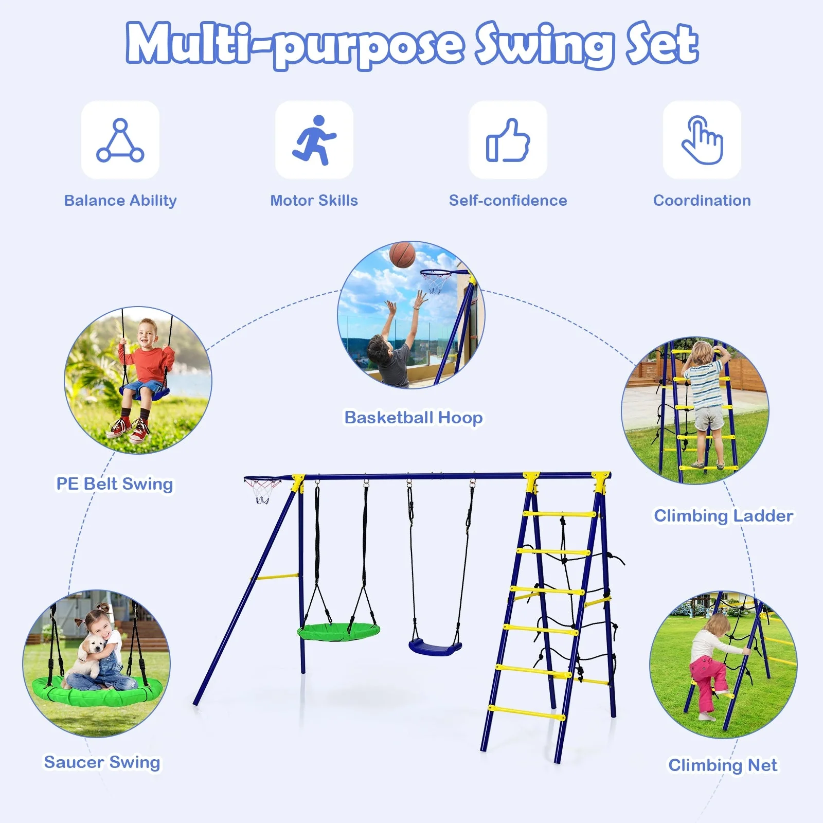 5-In-1 Outdoor Kids Swing Set with A-Shaped Metal Frame and Ground Stake - Image 5