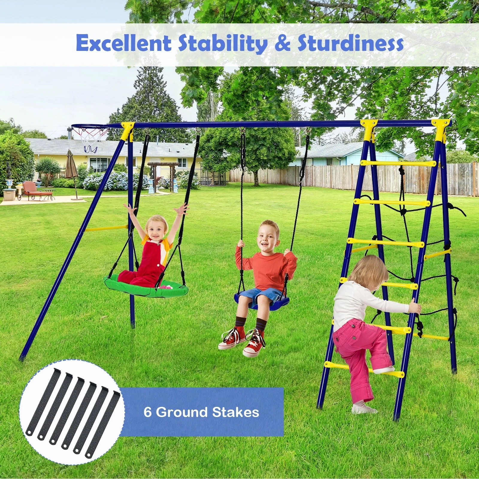 5-In-1 Outdoor Kids Swing Set with A-Shaped Metal Frame and Ground Stake - Image 6