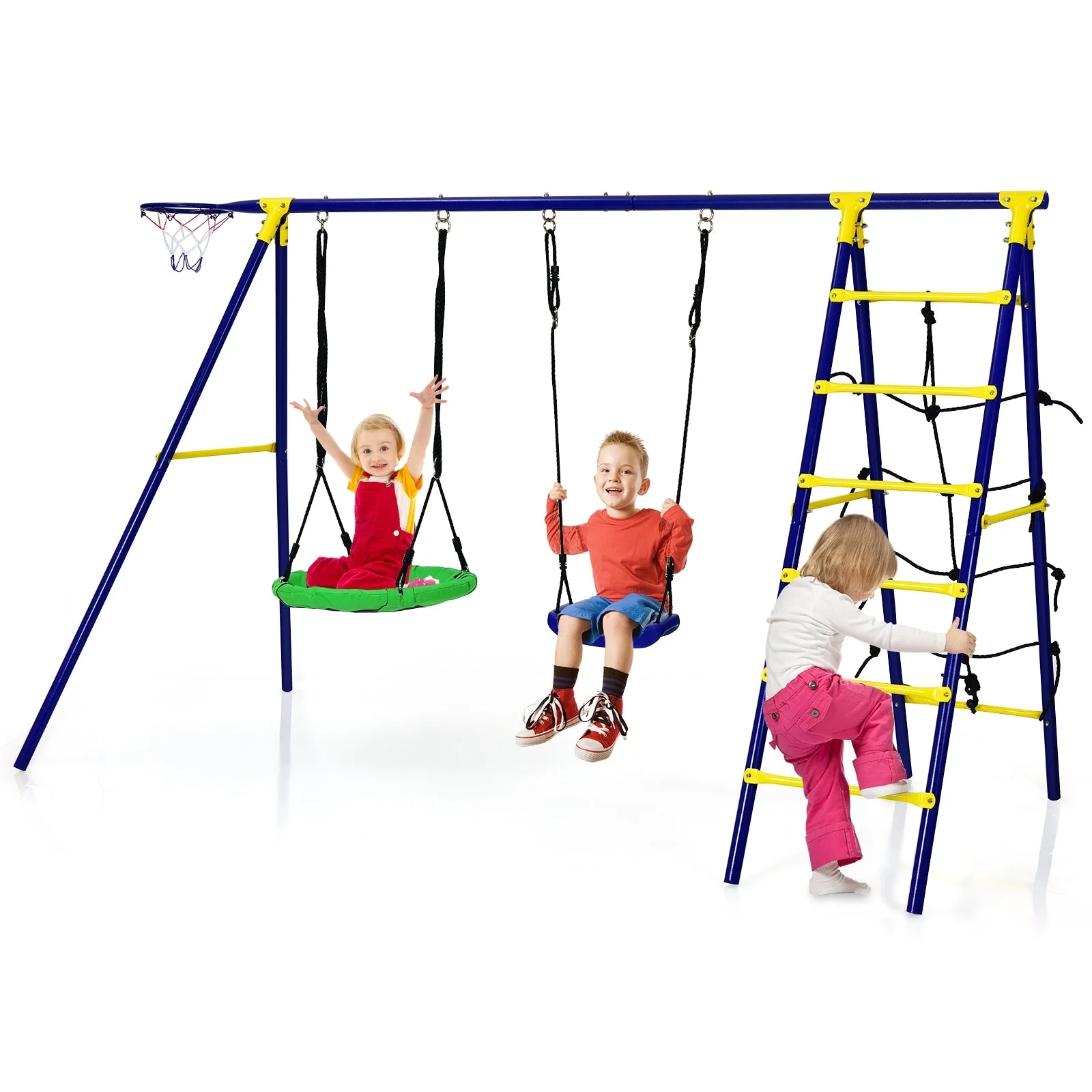 5-In-1 Outdoor Kids Swing Set with A-Shaped Metal Frame and Ground Stake - Image 7