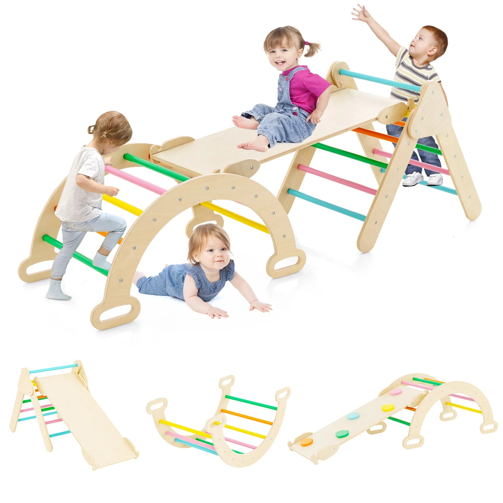 5-in-1 Wooden Kids Climber Toys with Triangle Arch Ramp-Multicolor - Image 2