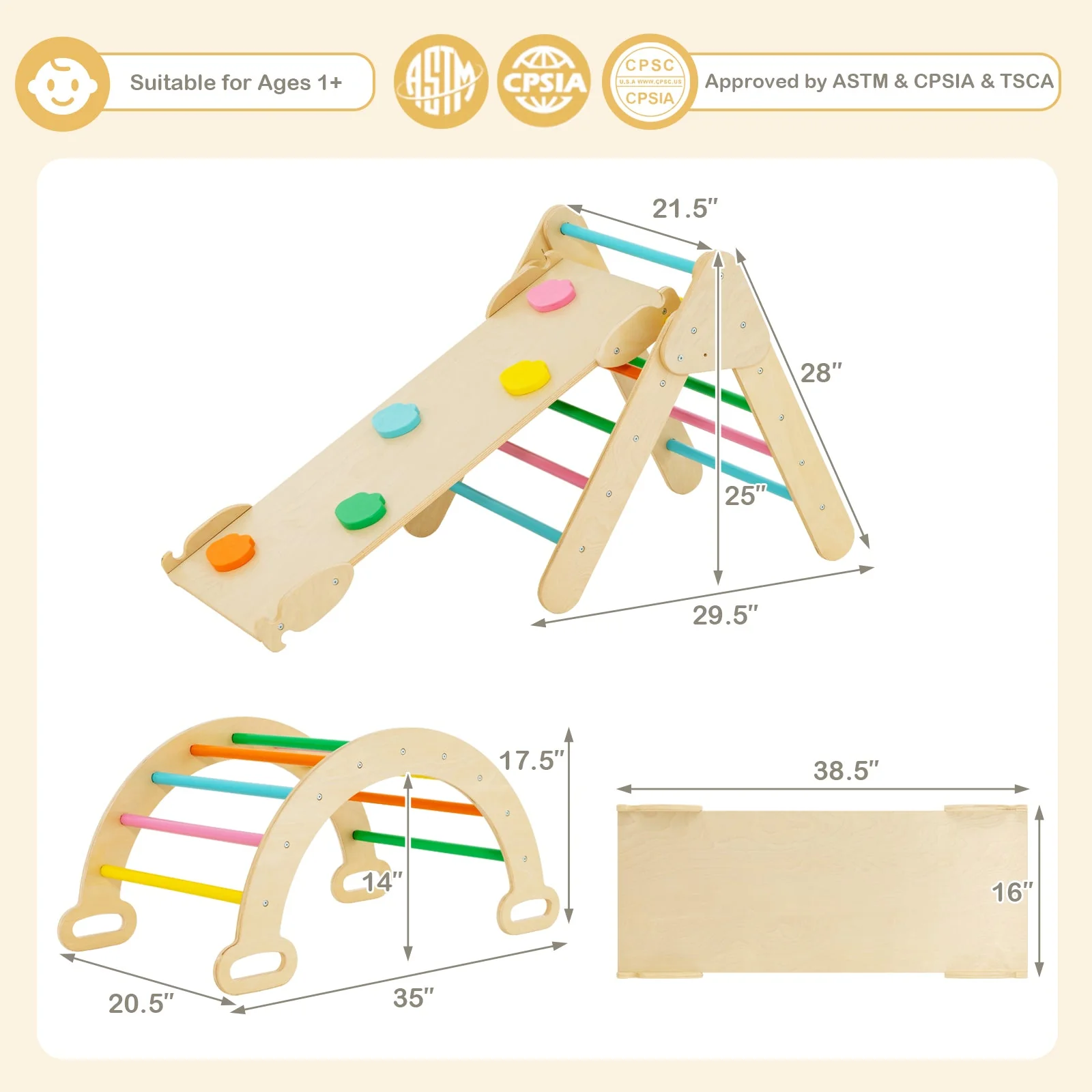 5-in-1 Wooden Kids Climber Toys with Triangle Arch Ramp-Multicolor - Image 3