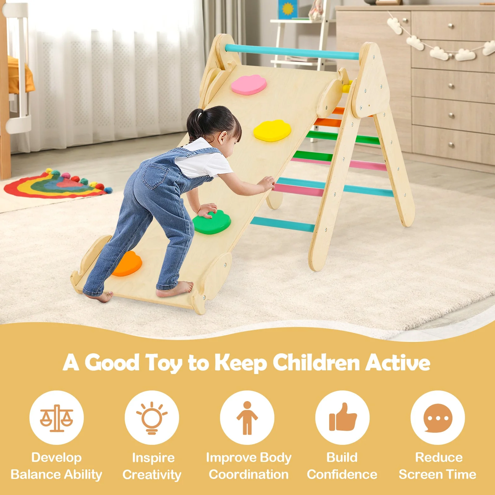 5-in-1 Wooden Kids Climber Toys with Triangle Arch Ramp-Multicolor - Image 4