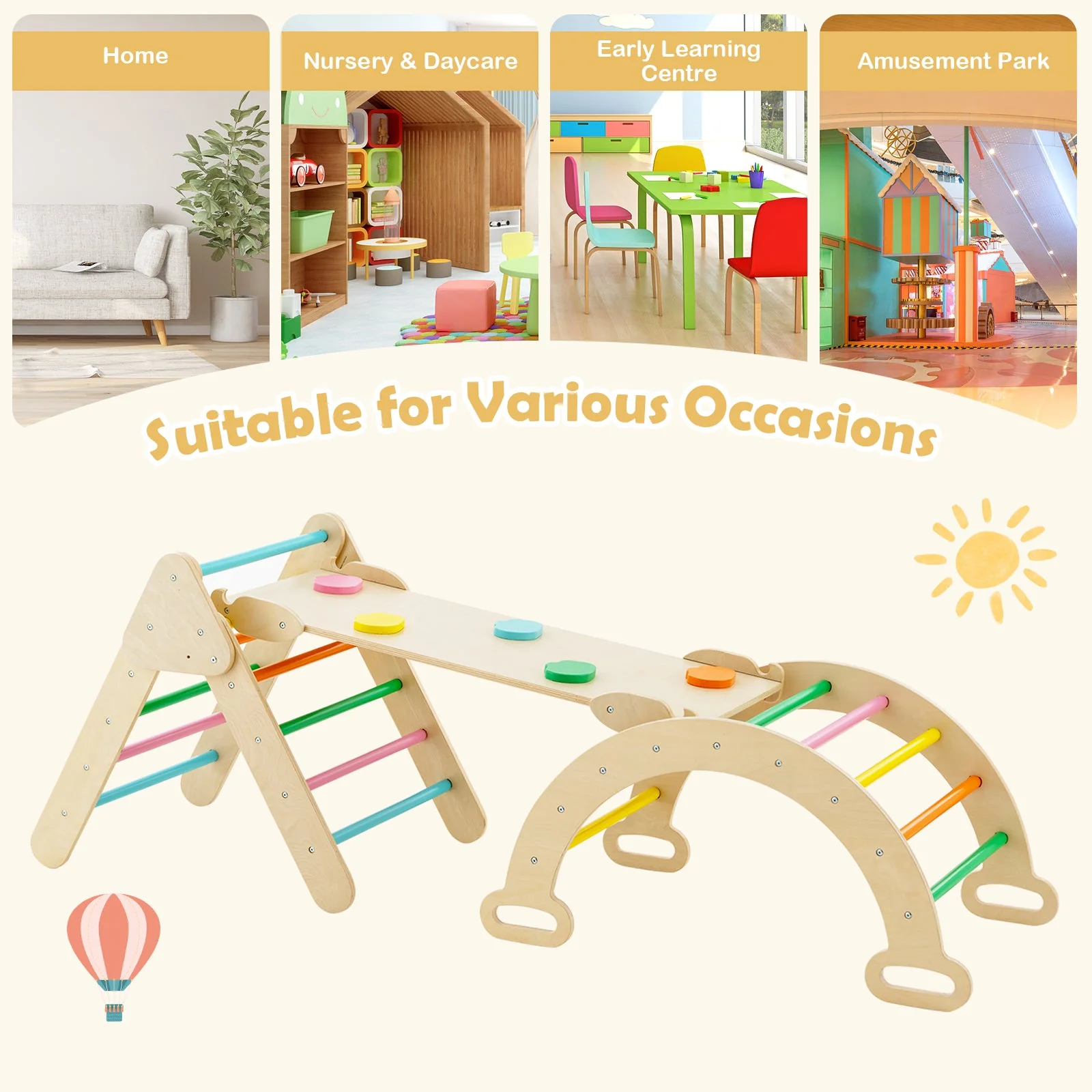 5-in-1 Wooden Kids Climber Toys with Triangle Arch Ramp-Multicolor - Image 5