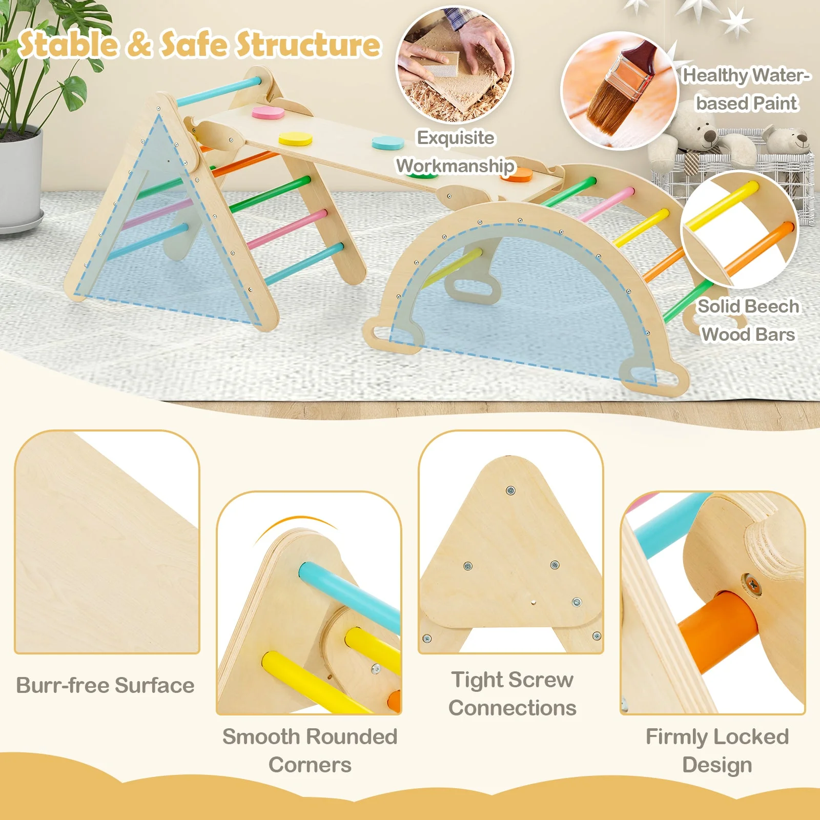 5-in-1 Wooden Kids Climber Toys with Triangle Arch Ramp-Multicolor - Image 6