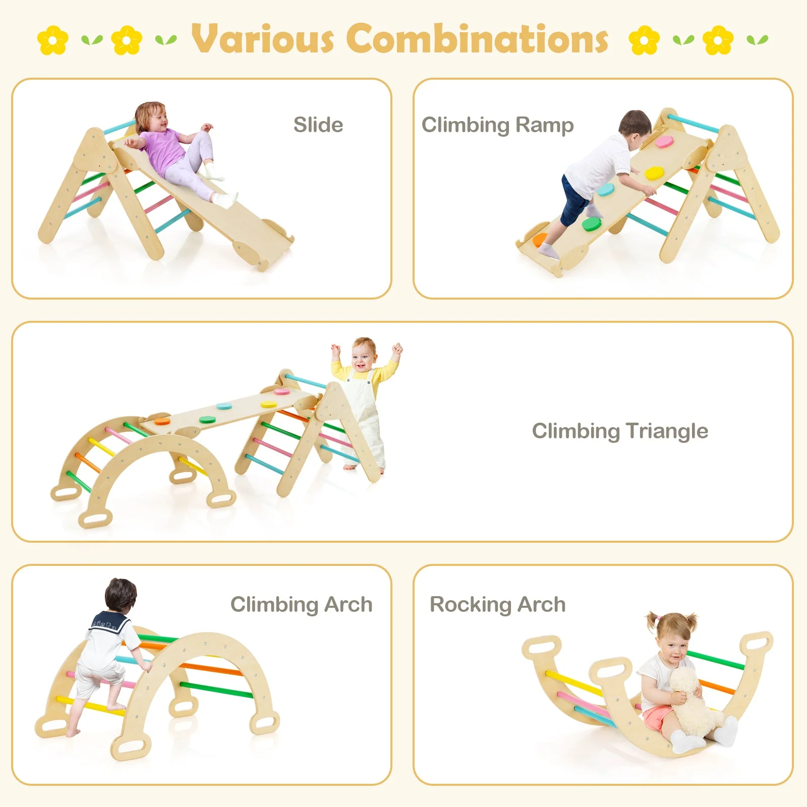 5-in-1 Wooden Kids Climber Toys with Triangle Arch Ramp-Multicolor - Image 7