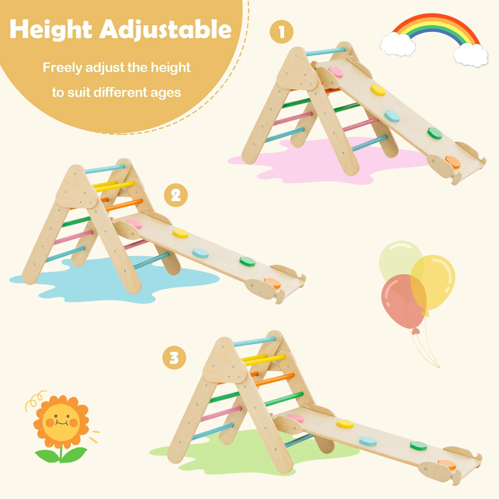 5-in-1 Wooden Kids Climber Toys with Triangle Arch Ramp-Multicolor - Image 8