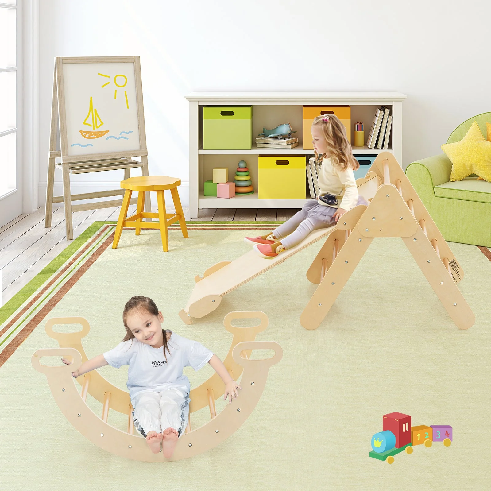 5-in-1 Wooden Kids Climber Toys with Triangle Arch Ramp-Natural - Image 2
