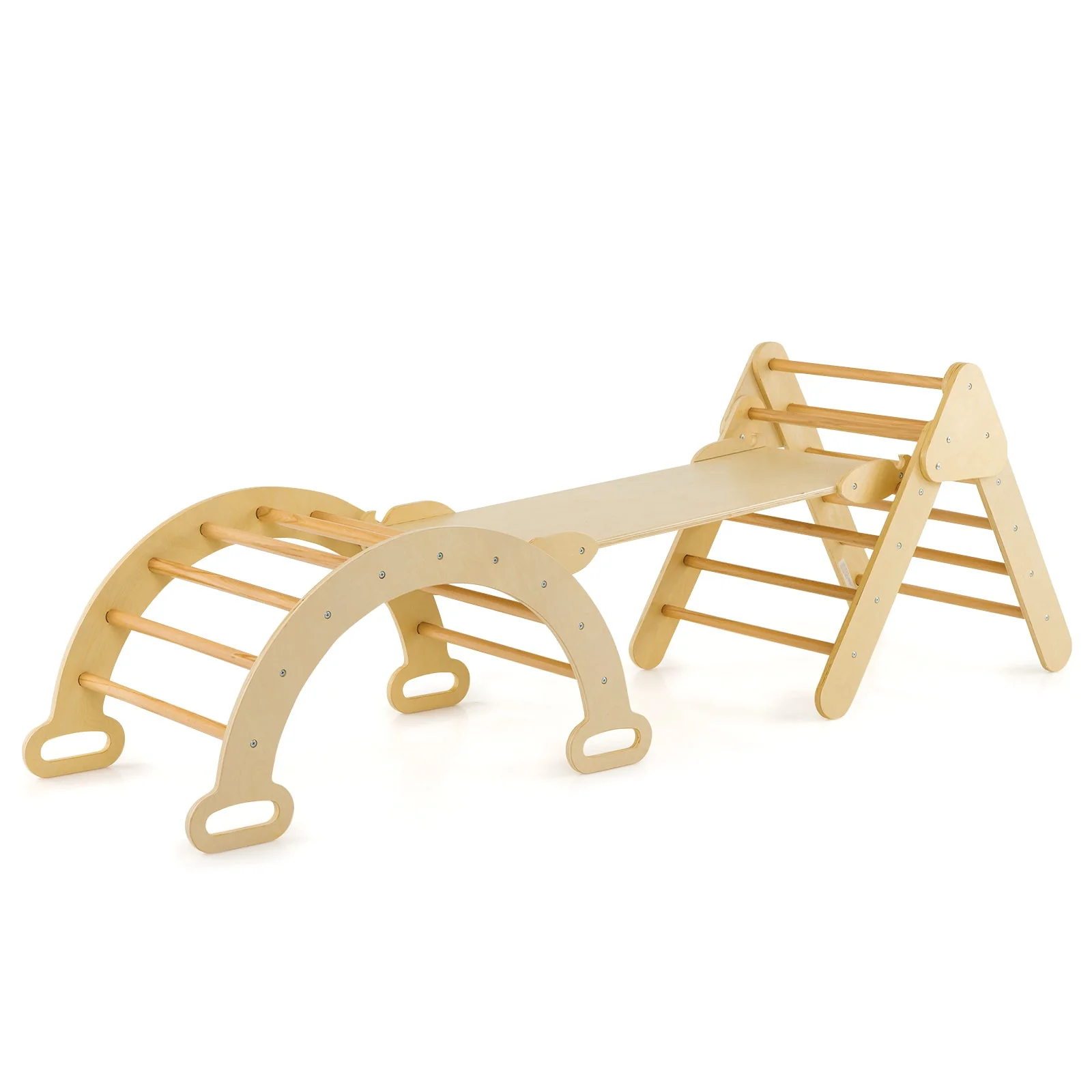 5-in-1 Wooden Kids Climber Toys with Triangle Arch Ramp-Natural - Image 3