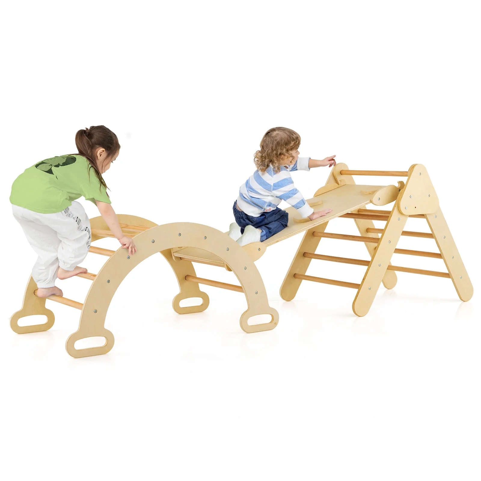 5-in-1 Wooden Kids Climber Toys with Triangle Arch Ramp-Natural - Image 4