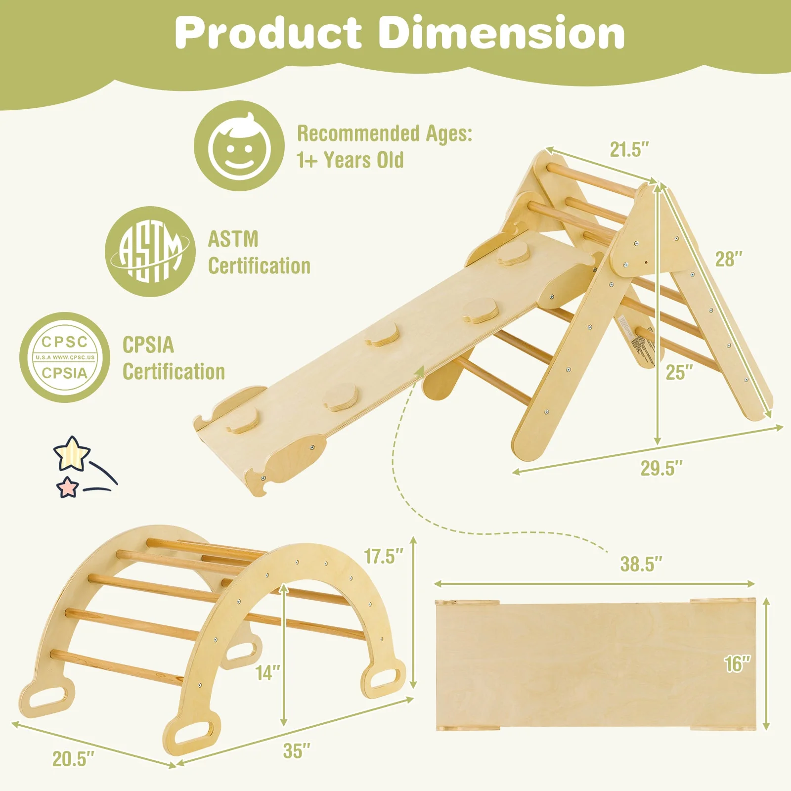 5-in-1 Wooden Kids Climber Toys with Triangle Arch Ramp-Natural - Image 5