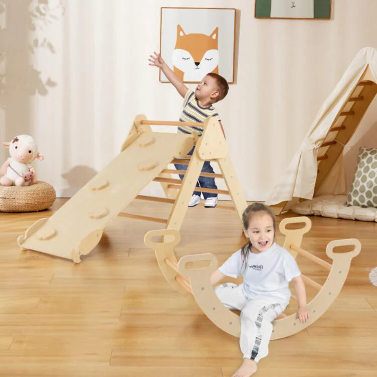 5-in-1 Wooden Kids Climber Toys with Triangle Arch Ramp-Natural - Image 6