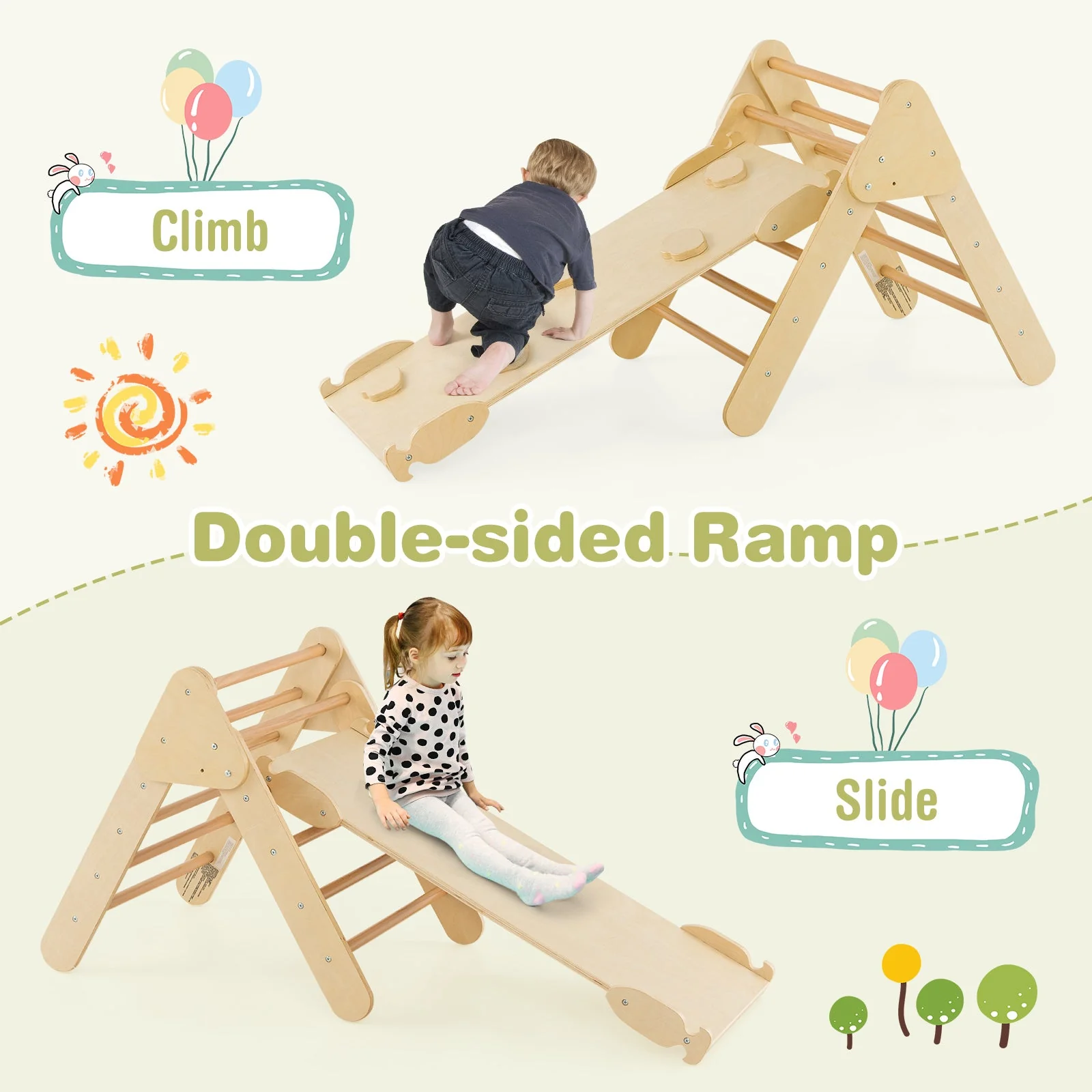 5-in-1 Wooden Kids Climber Toys with Triangle Arch Ramp-Natural - Image 8