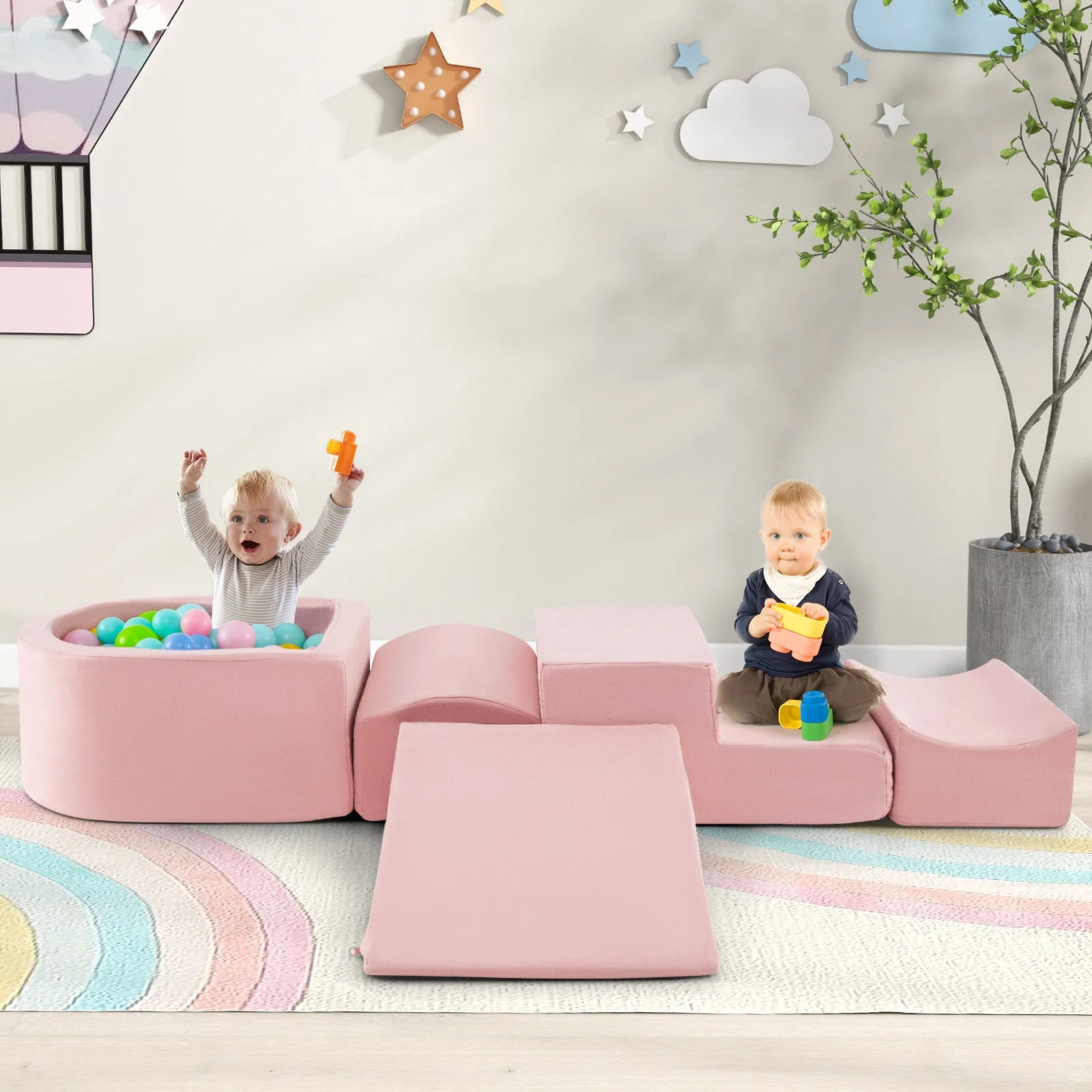 5-Piece Climb and Crawl Playset with Ball Pit for Kids-Pink - Image 2