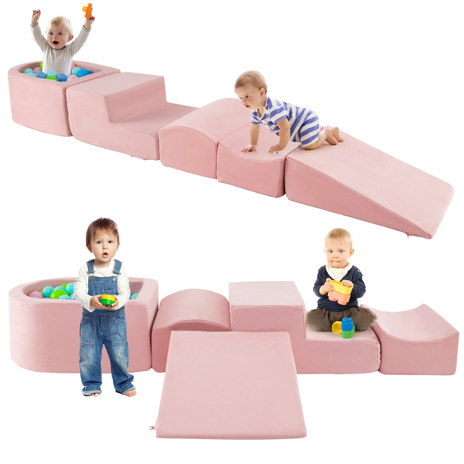 5-Piece Climb and Crawl Playset with Ball Pit for Kids-Pink - Image 4