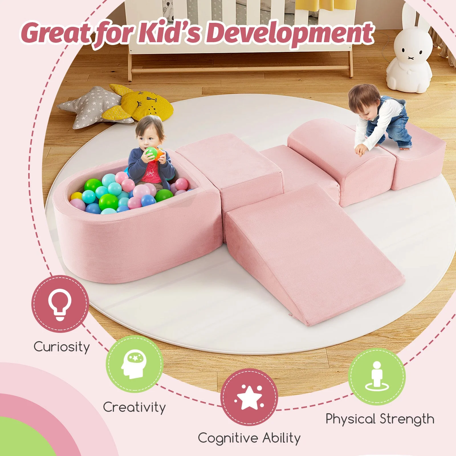 5-Piece Climb and Crawl Playset with Ball Pit for Kids-Pink - Image 6