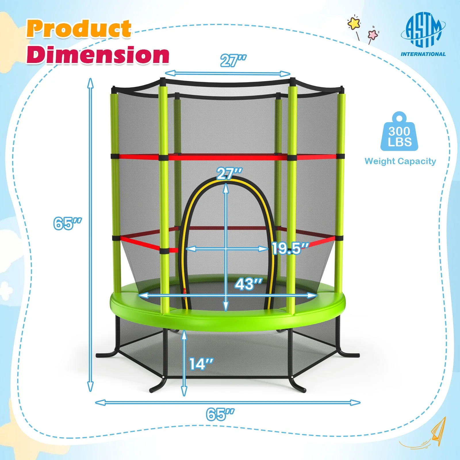 55 Inch Kids Recreational Trampoline Bouncing Jumping Mat with Enclosure Net-Green - Image 3