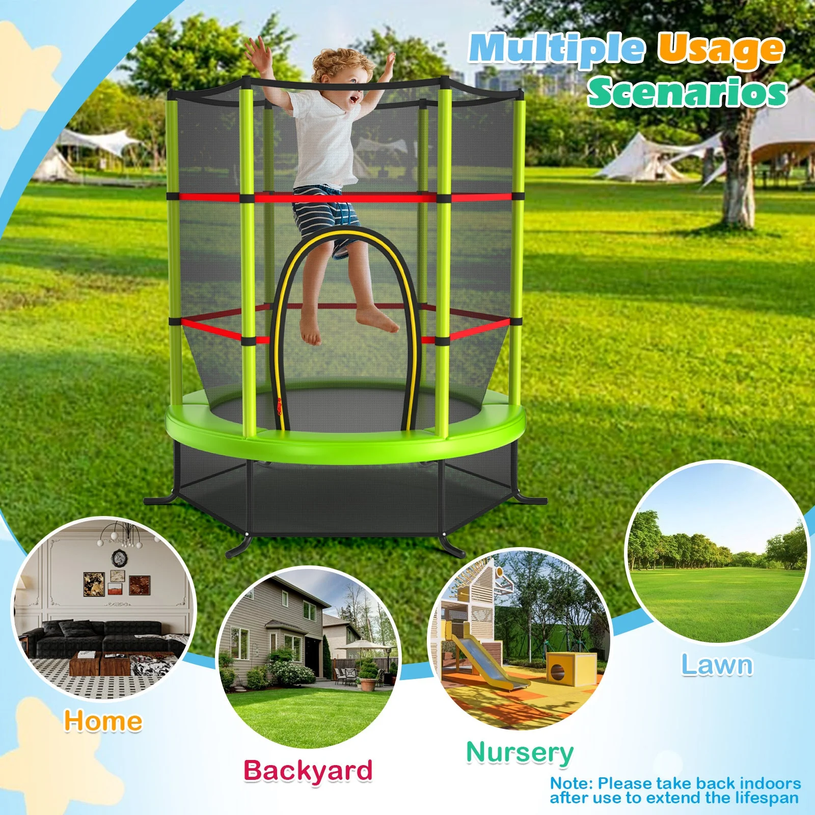 55 Inch Kids Recreational Trampoline Bouncing Jumping Mat with Enclosure Net-Green - Image 4