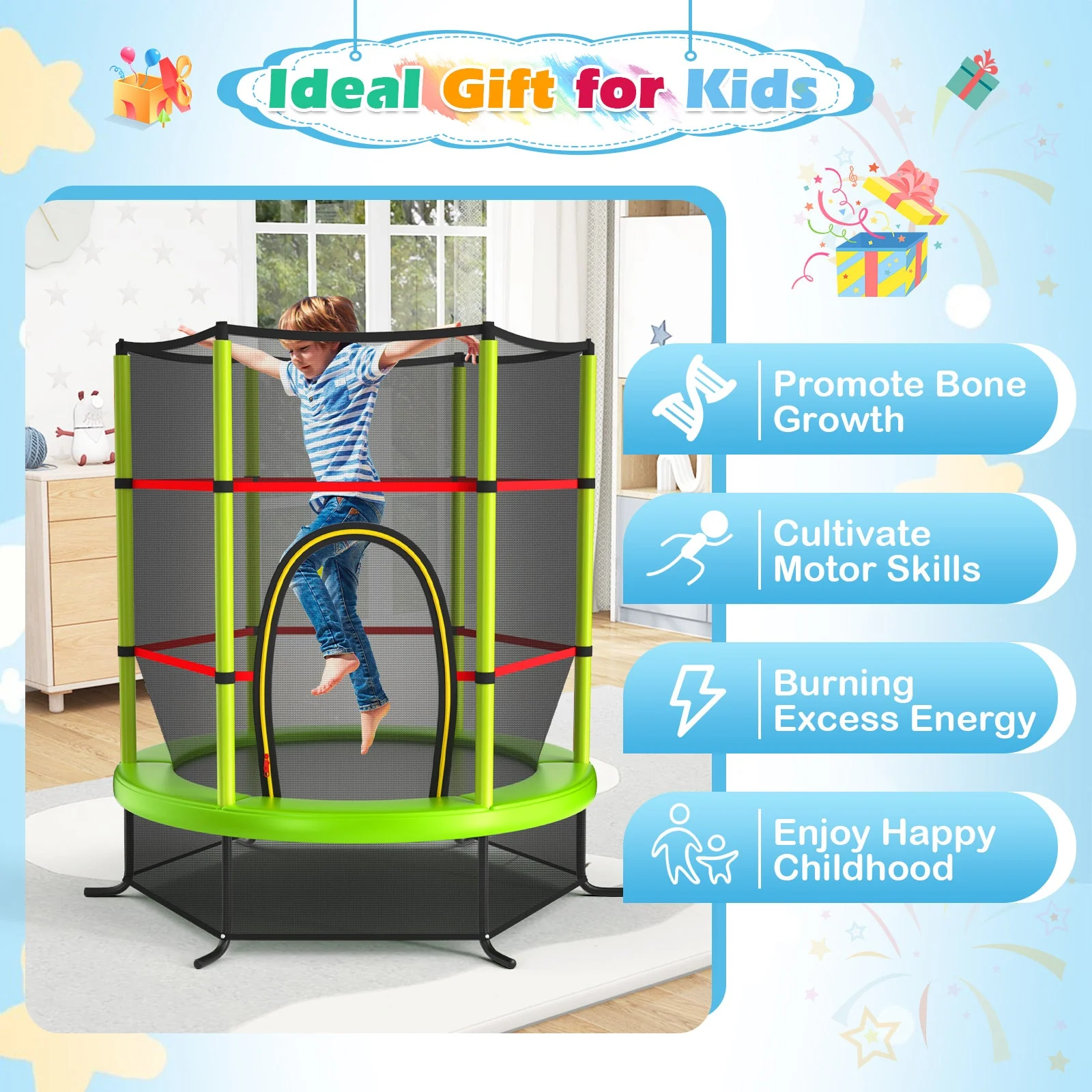 55 Inch Kids Recreational Trampoline Bouncing Jumping Mat with Enclosure Net-Green - Image 5