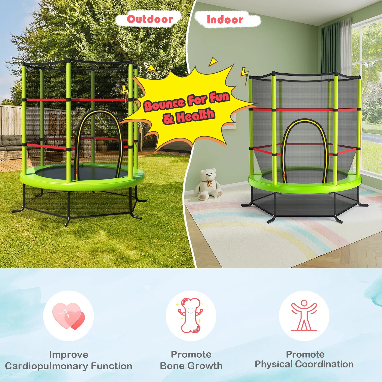 55 Inch Kids Recreational Trampoline Bouncing Jumping Mat with Enclosure Net-Green - Image 8
