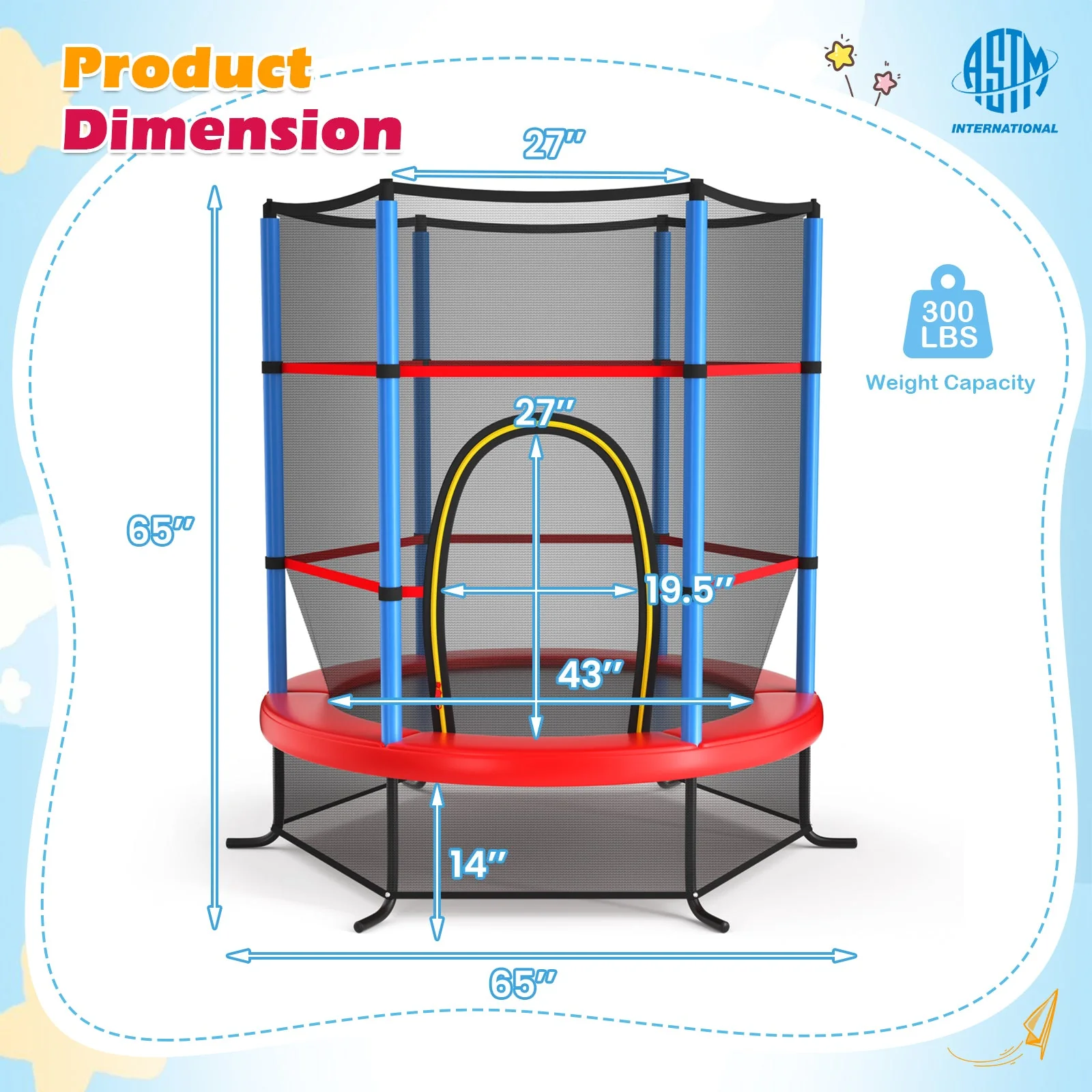 55 Inch Kids Recreational Trampoline Bouncing Jumping Mat with Enclosure Net-Navy - Image 3