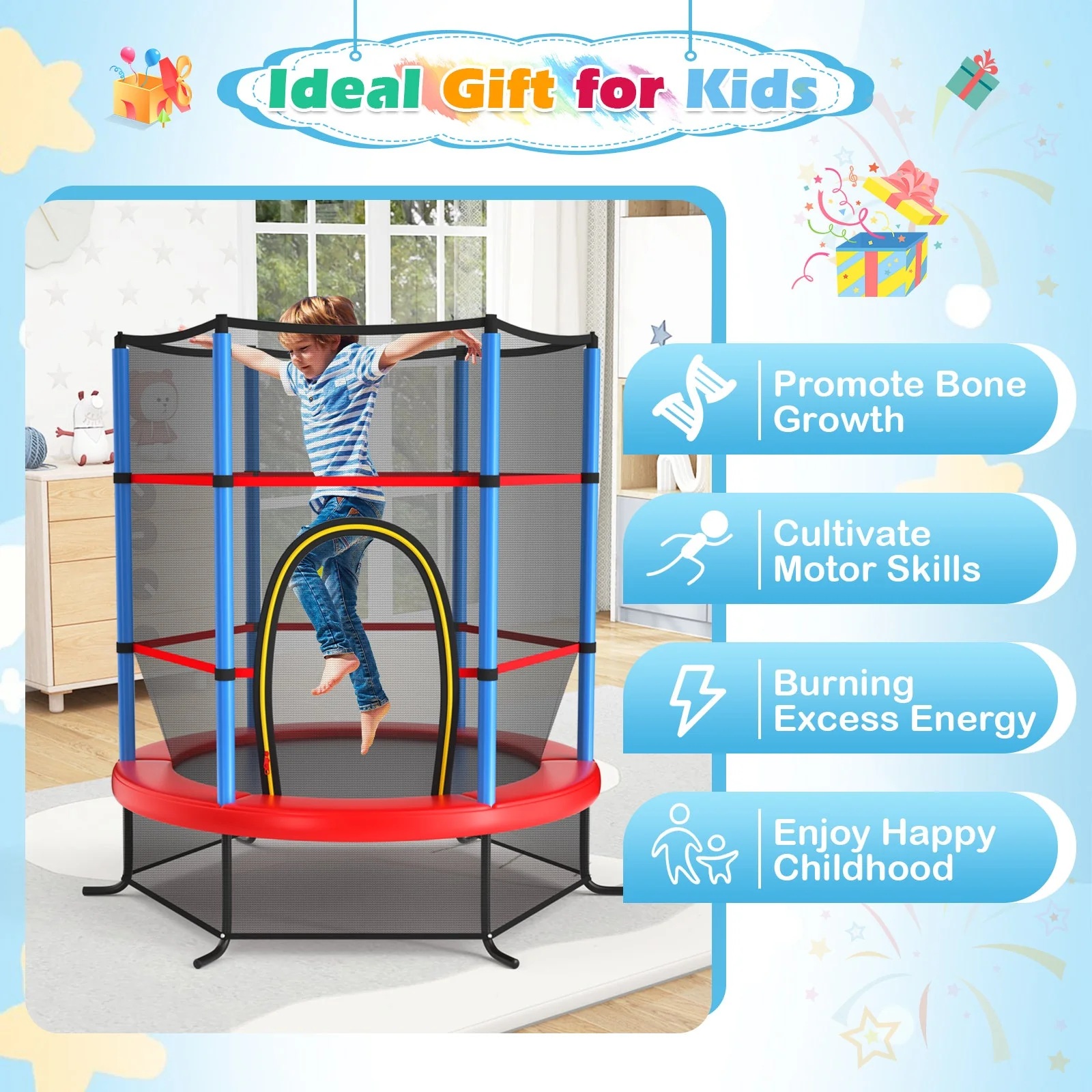 55 Inch Kids Recreational Trampoline Bouncing Jumping Mat with Enclosure Net-Navy - Image 4