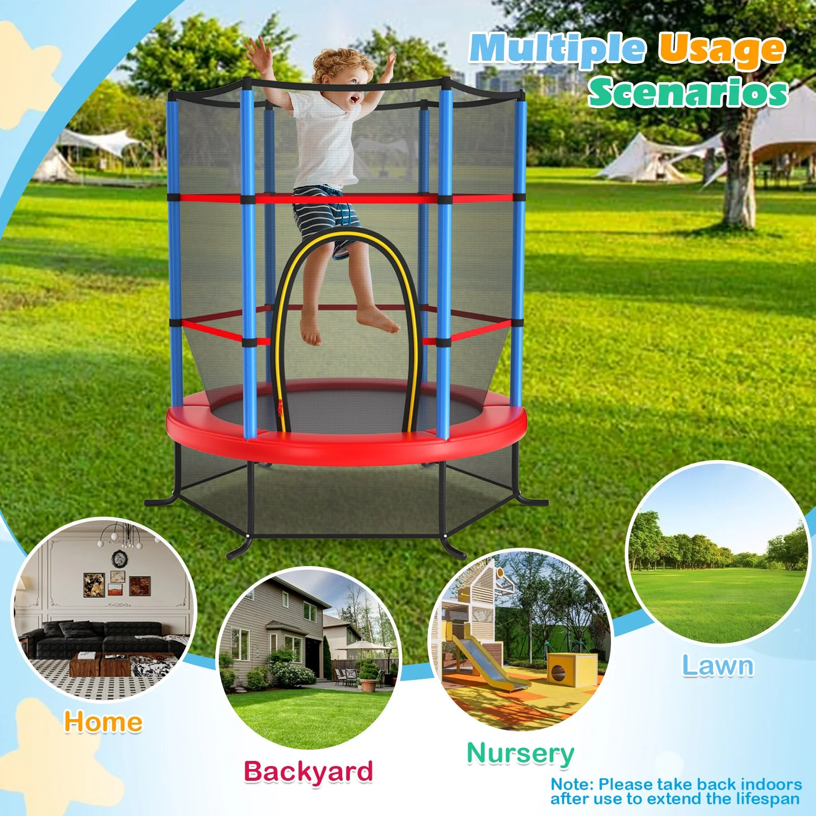 55 Inch Kids Recreational Trampoline Bouncing Jumping Mat with Enclosure Net-Navy - Image 5