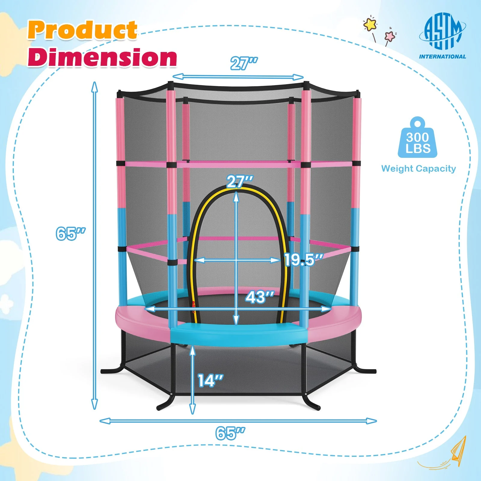 55 Inch Kids Recreational Trampoline Bouncing Jumping Mat with Enclosure Net-Pink - Image 3