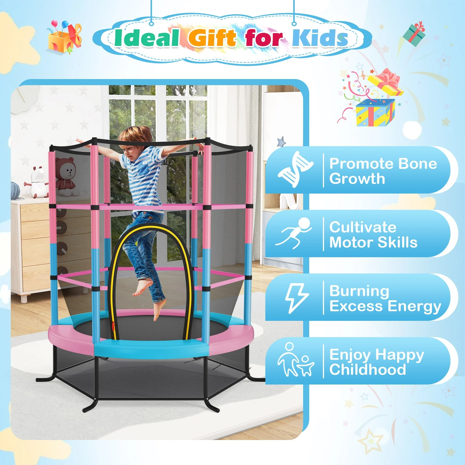 55 Inch Kids Recreational Trampoline Bouncing Jumping Mat with Enclosure Net-Pink - Image 4