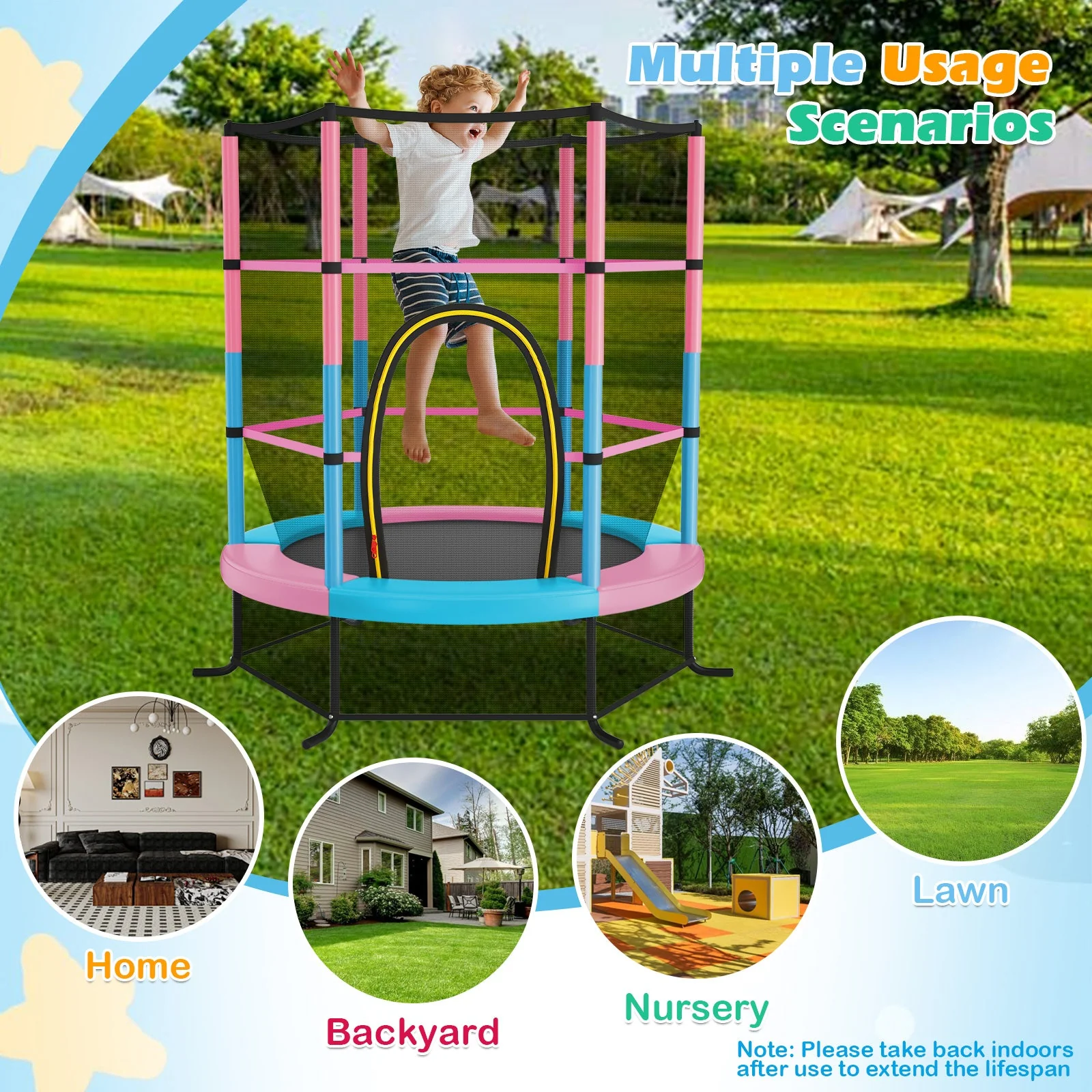 55 Inch Kids Recreational Trampoline Bouncing Jumping Mat with Enclosure Net-Pink - Image 5