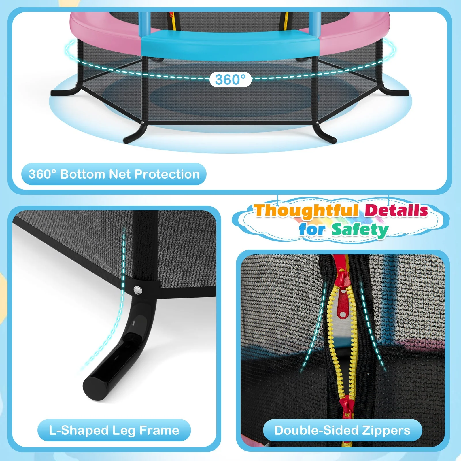 55 Inch Kids Recreational Trampoline Bouncing Jumping Mat with Enclosure Net-Pink - Image 7
