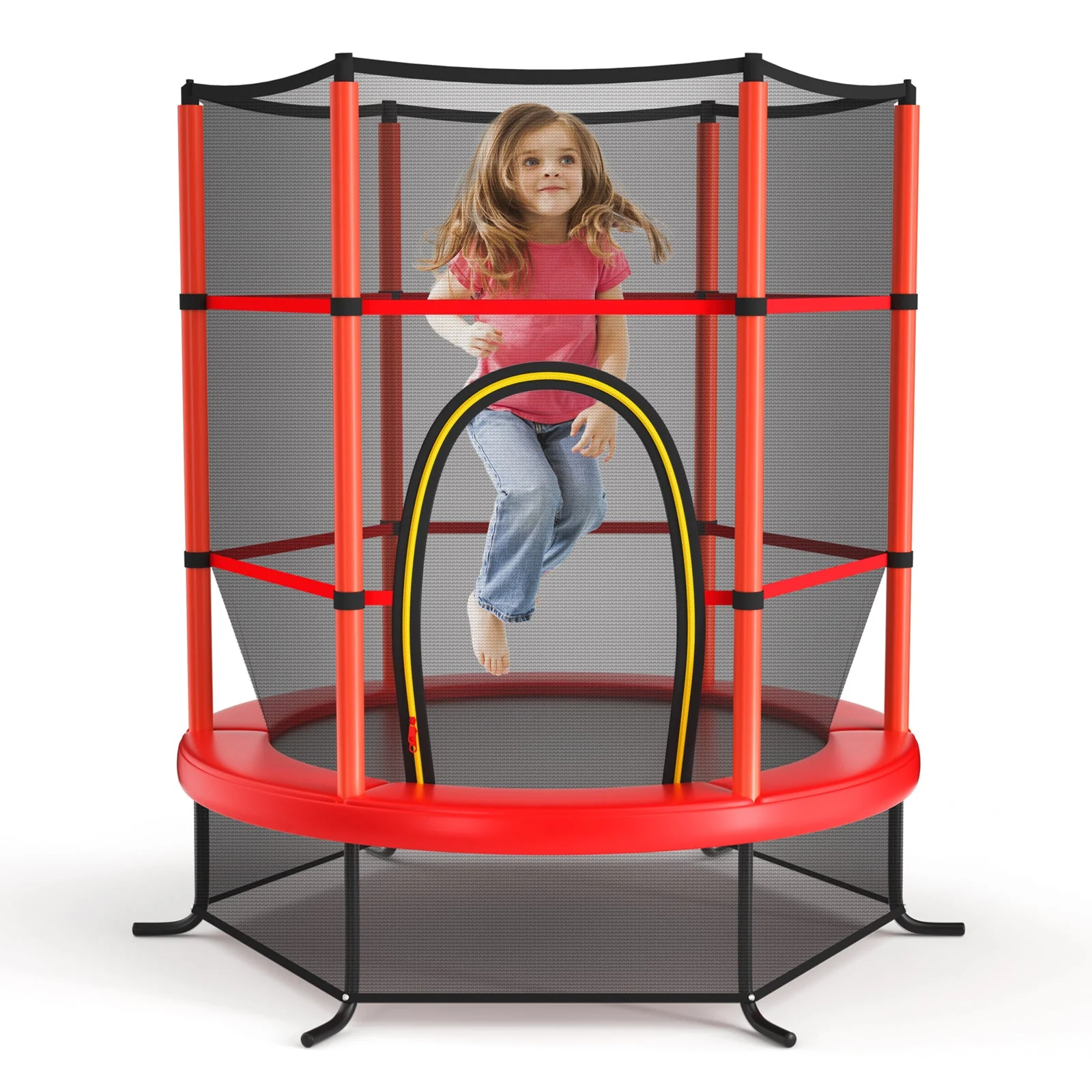 55 Inch Kids Recreational Trampoline Bouncing Jumping Mat with Enclosure Net-Red - Image 2