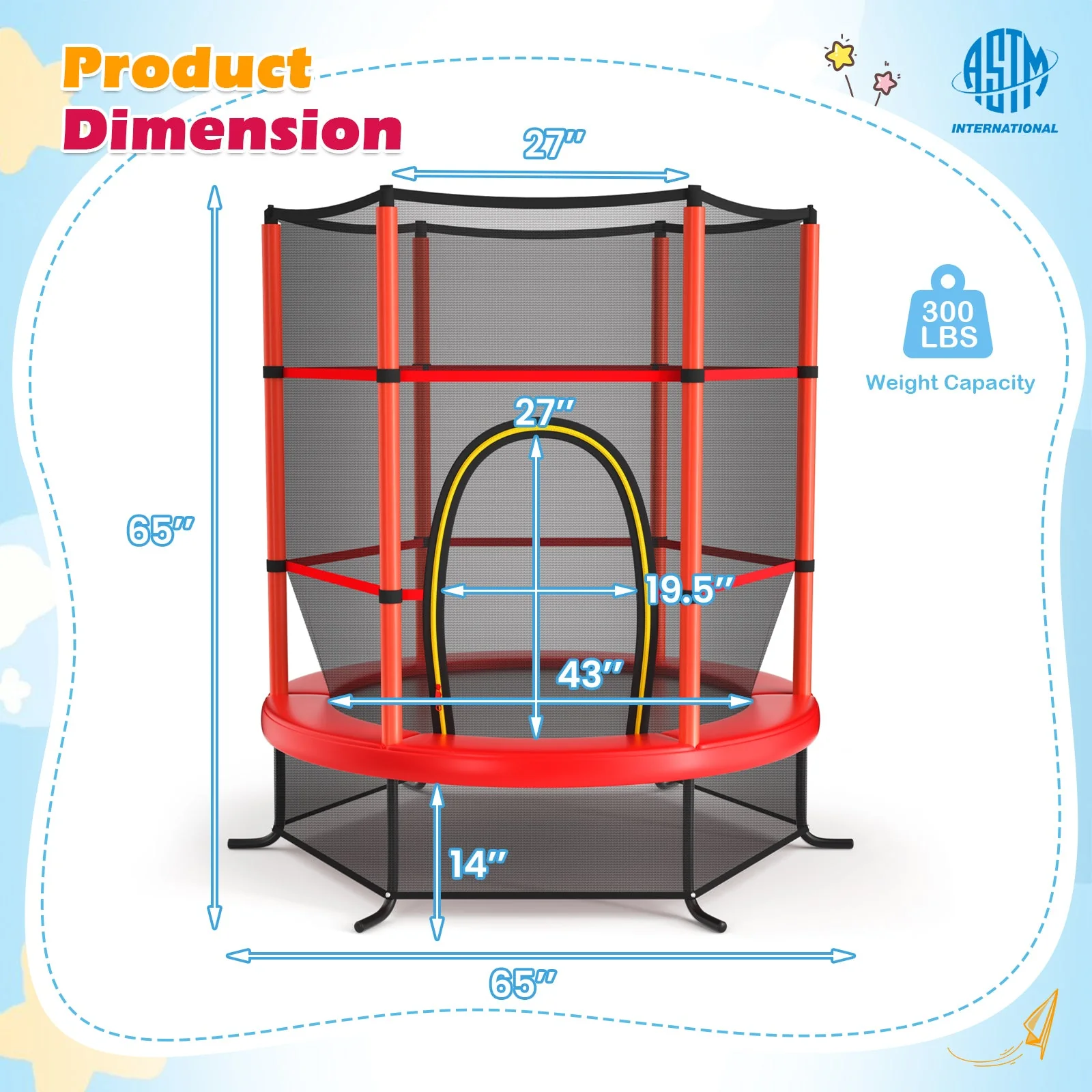 55 Inch Kids Recreational Trampoline Bouncing Jumping Mat with Enclosure Net-Red - Image 3